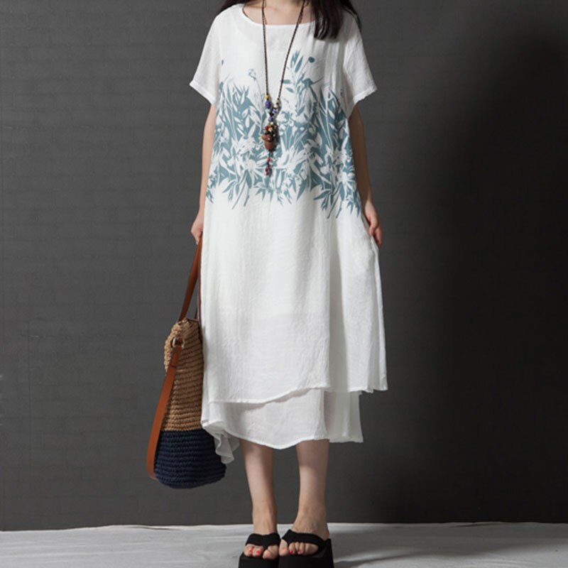 New Women Casual Loose Dresses Summer Style O-neck Short Sleeve Pockets Double Deck Print Mid-Calf Dress Size M-2X 6Q1556