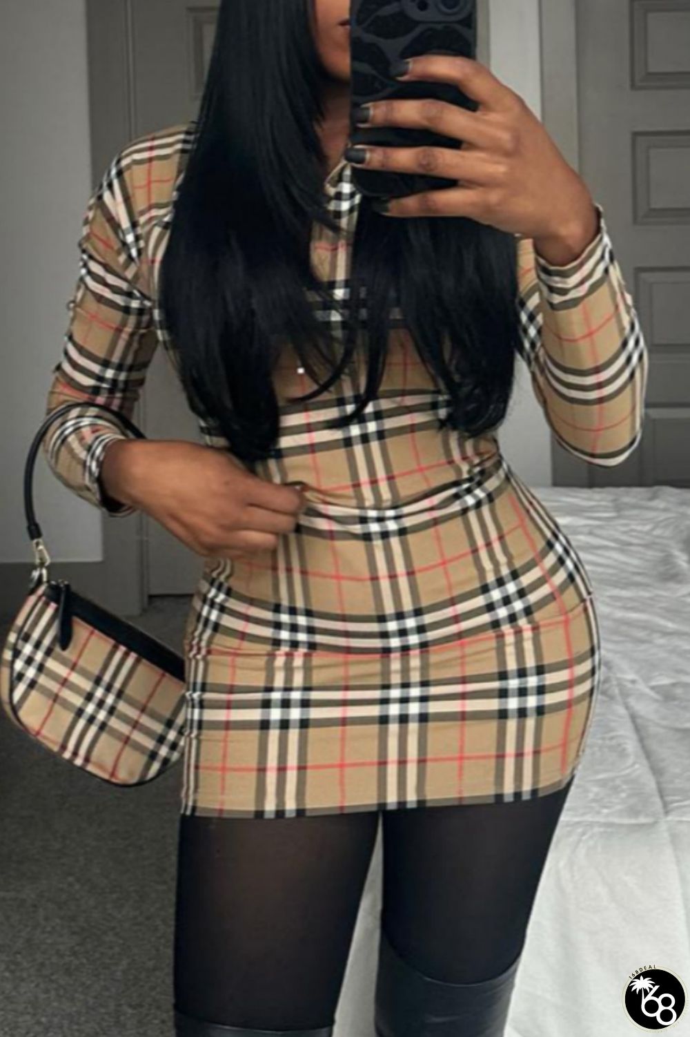 Casual Plaid Print Patchwork Zipper Collar Long Sleeve Dresses | 168DEAL