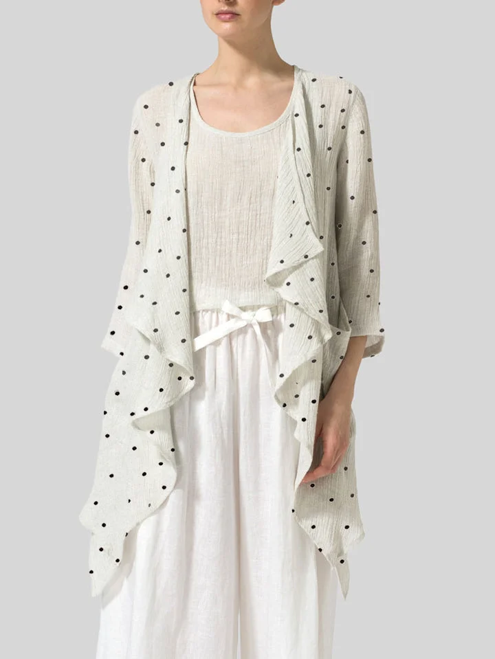 Womens Cotton Linen Polka Dots Waterfall Swing Cardigan
