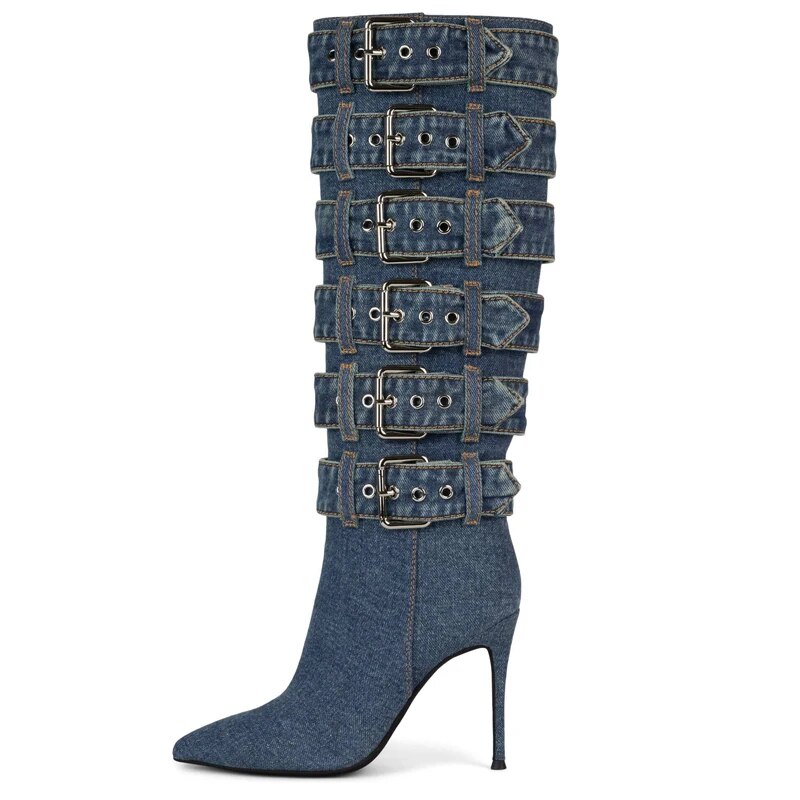 VCSHOES Women Light Blue Denim Jeans Sliver Belt Buckles Boots Surround Pointed Toe Thin Heels Knee High Boots Slim Long Boots 44
