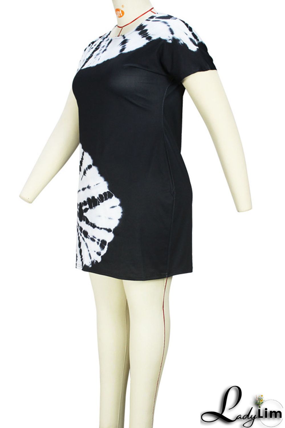 Black White Casual Print Patchwork O Neck One Step Skirt Plus Size Dresses