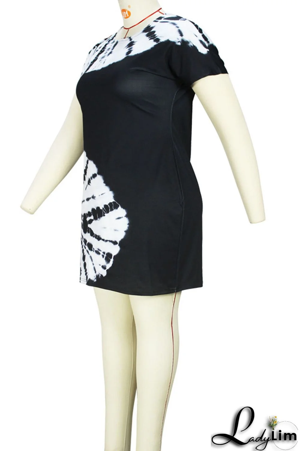 Black White Casual Print Patchwork O Neck One Step Skirt Plus Size Dresses