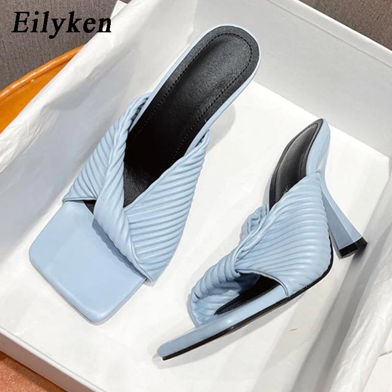 Eilyken 2022 New Summer Pleated Orange Women Slipper Fashion Slides Ladies Elegant Thin High Heel Outdoor Sandals Shoes