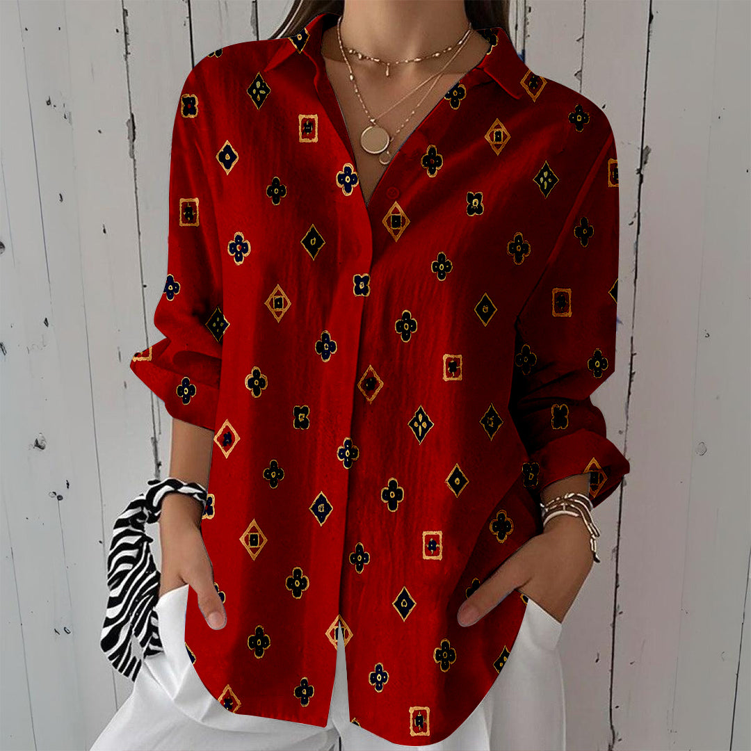 Women Long Sleeve V-neck Graphic Floral Printed Top