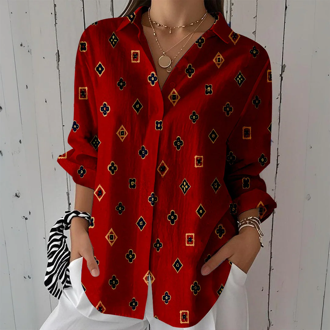 Style & Comfort for Mature Women Women Polka Dot,  Red DZCL0414 3/4 Sleeve Shirt Collar Printed Button Tops