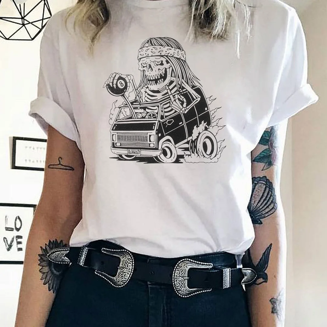 No. 8 Skeleton Car White Print T-shirt
