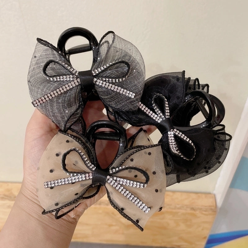 Shiny Bow Polka Dot Grip Mesh Bubble Barrettes Female 2024 New Shark Clip Back Head Updo Hair Accessories