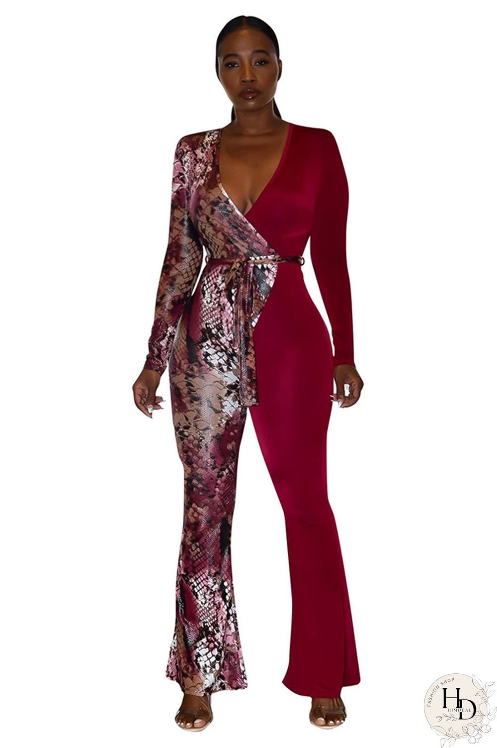 Wine Red Fashion Sexy bandage Patchwork serpentine Print Polyester Long Sleeve V Neck Jumpsuits