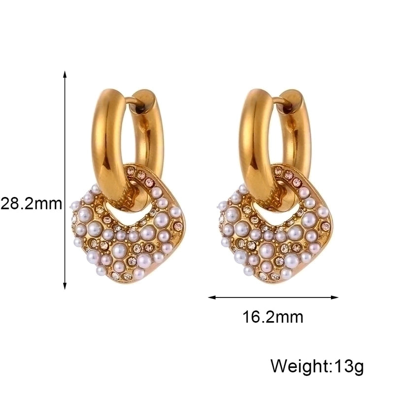 1 Pair Modern Style Artistic Square Plating Inlay 304 Stainless Steel Artificial Pearls Rhinestones 18K Gold Plated Drop Earrings