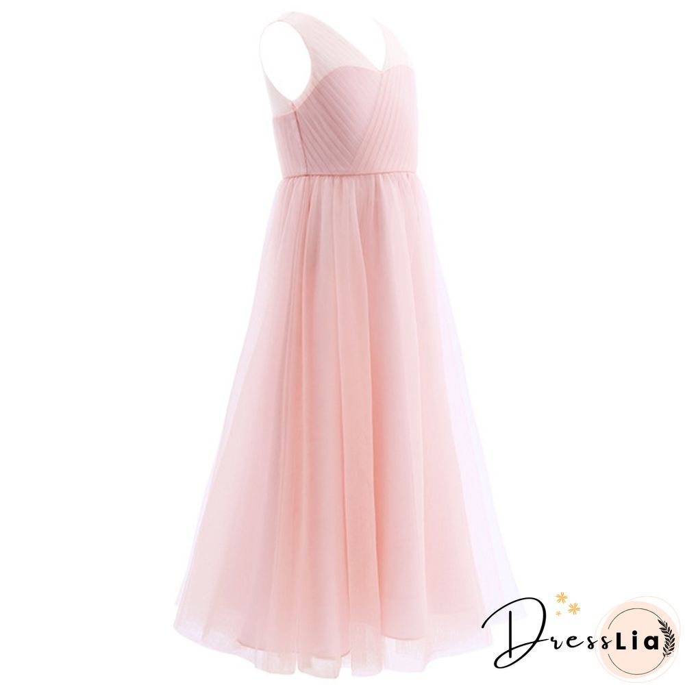 Girls Cutout Back Mesh Splice Sleeveless Flower Girl Junior Bridesmaid Dress Dance Party