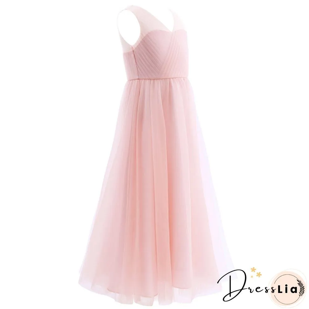 Girls Cutout Back Mesh Splice Sleeveless Flower Girl Junior Bridesmaid Dress Dance Party