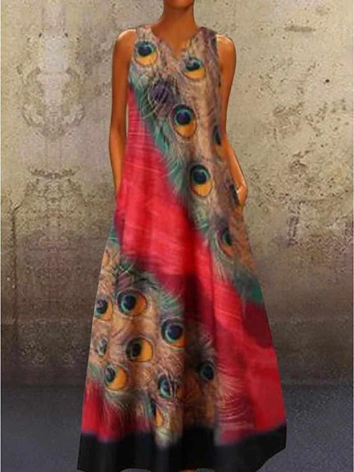 Women's A-Line Dress Maxi Long Dress Sleeveless Peacock Feathers Print Summer V Neck Plus Size Hot Casual Holiday Vacation Dresses Red Navy Blue Light Blue