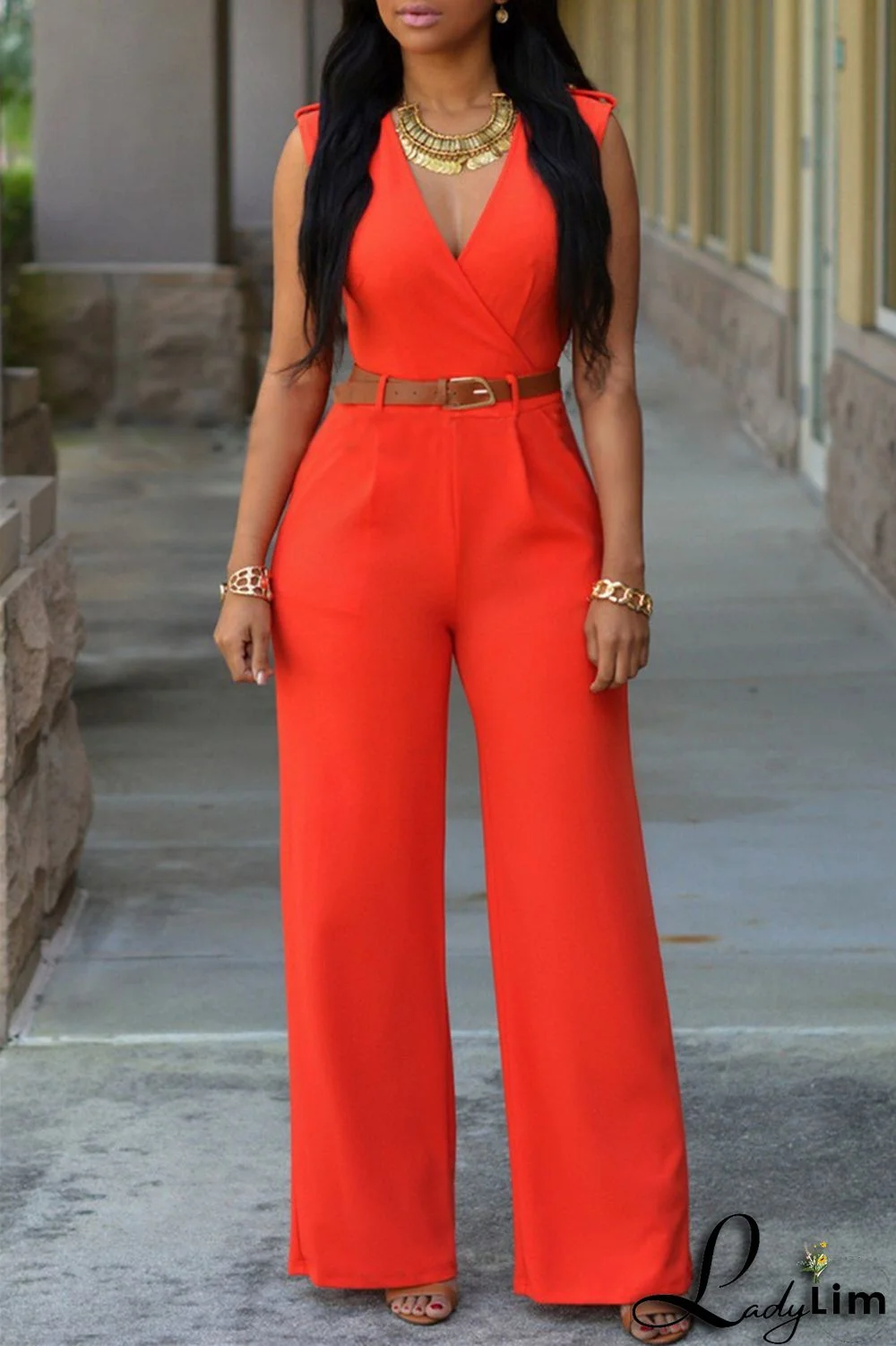 Orange Fashion Casual Solid Patchwork With Belt V Neck Regular Jumpsuits