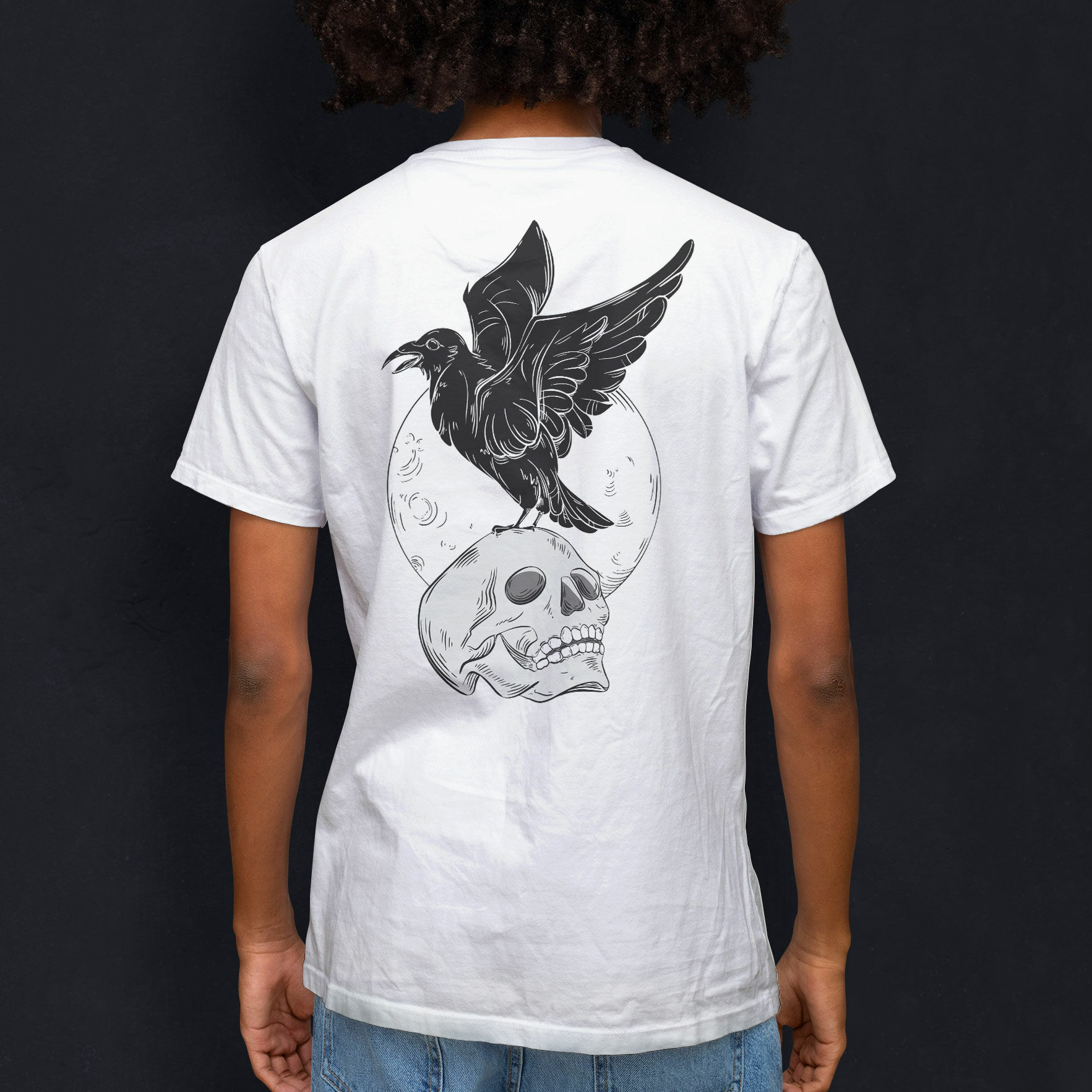 A Raven Perched On Top Of A Skull Graphic Printing T-shirt
