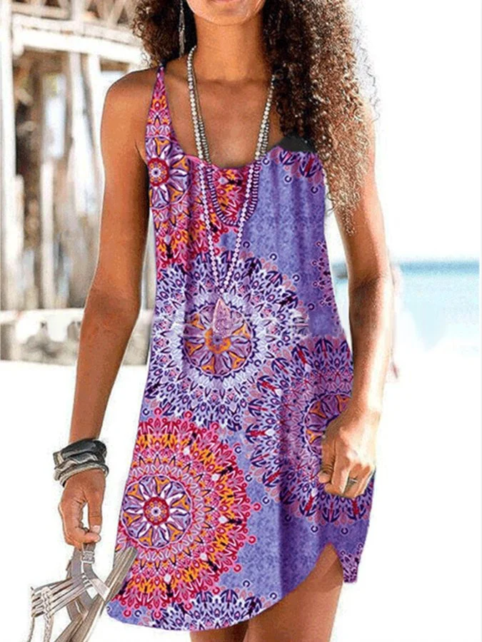 Ethnic Print Loose Resort Sling Beach Dress