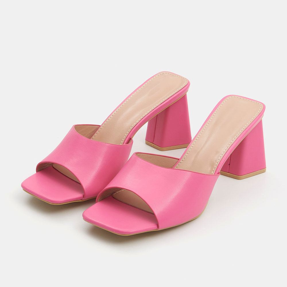 Casual Slip On Square Toe Chunky Heel Cute Pink Mules Sandals Nicepairs