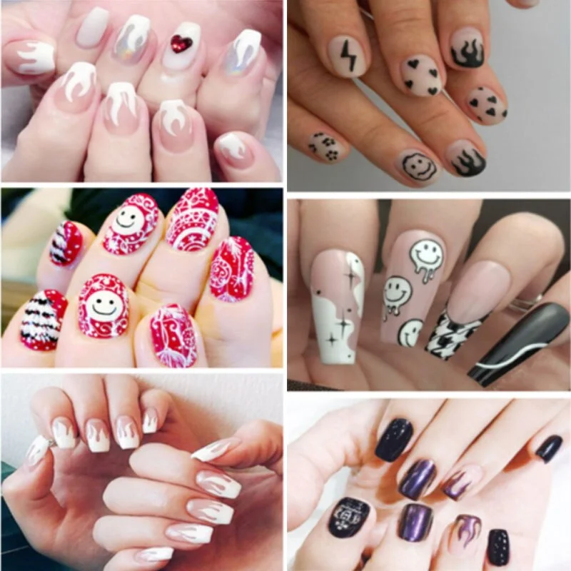 Nail Stickers 6 Colors Abstract Colorful Flame Design Sticky Nail Art Decoration DIY Grimace Smiley Nail Decals 80*103mm