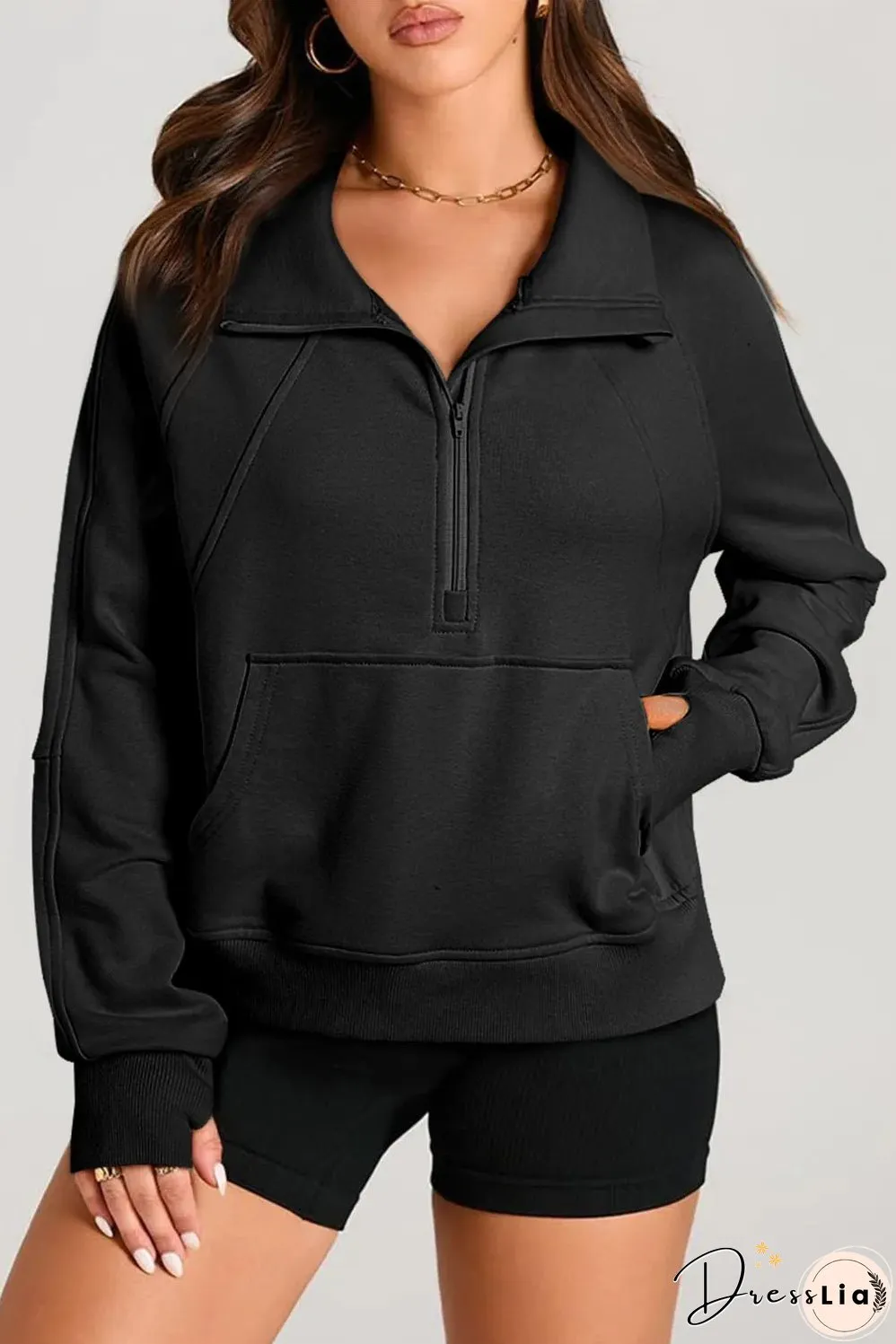 Black Quarter Zip Stand Neck Kangaroo Pocket Sweatshirt