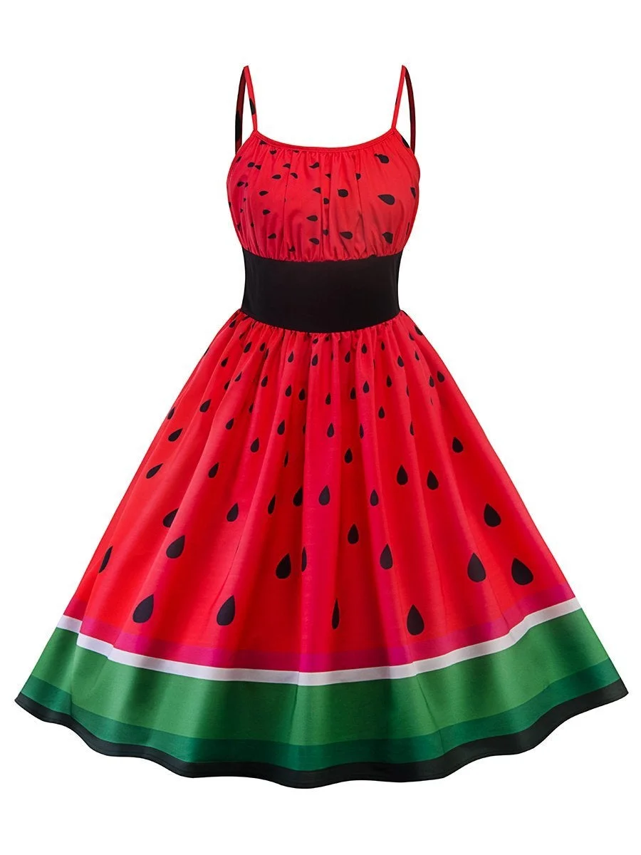 1950s Dress Watermelon Print Patchwork Slip Dress