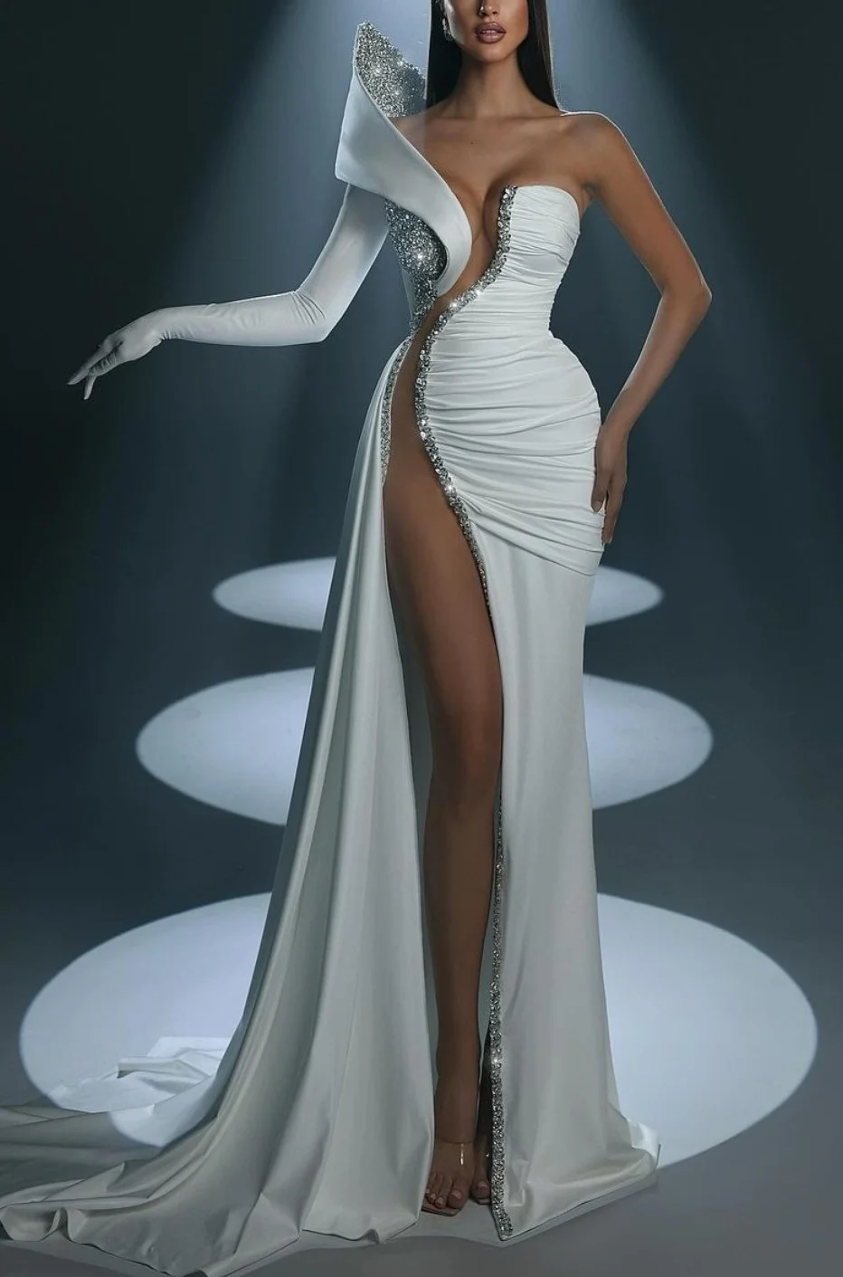 Oknass Chic Ivory Strapless One Shoulder Long Pleated Split Prom Dress with Gloves