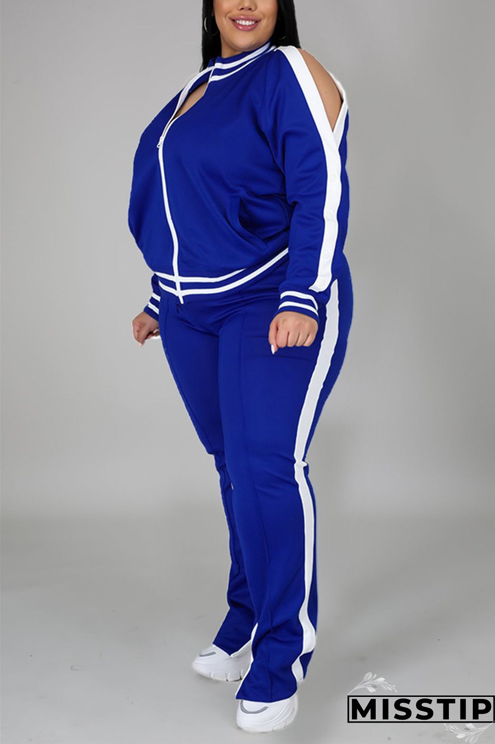 Black Fashion Casual Sportswear Zipper Collar Long Sleeve Regular Sleeve Patchwork Plus Size Set