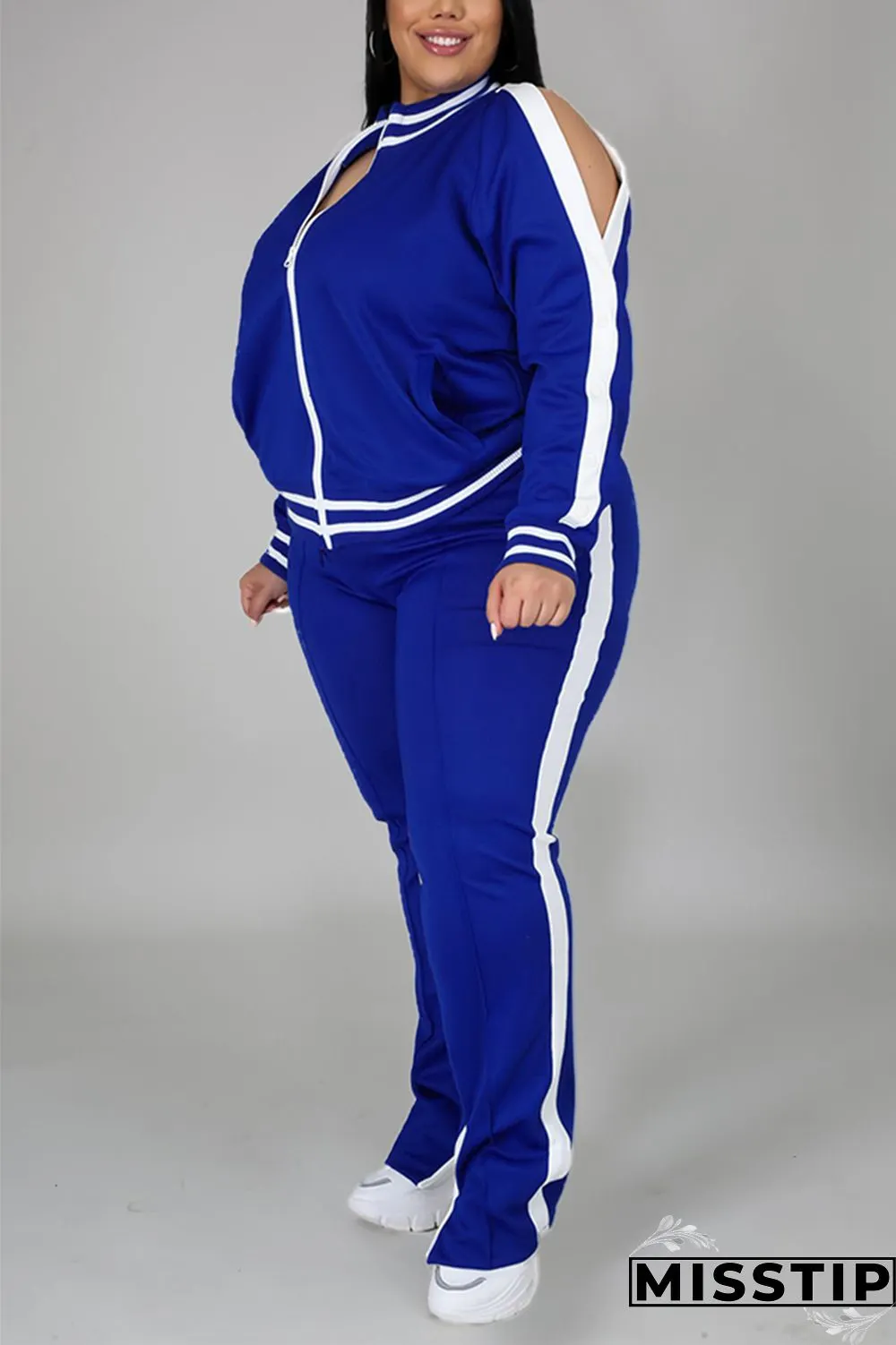 Black Fashion Casual Sportswear Zipper Collar Long Sleeve Regular Sleeve Patchwork Plus Size Set