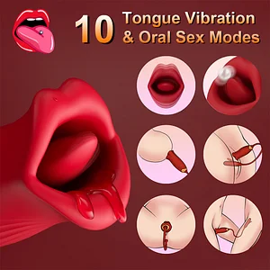 Rose Kiss Lip and Tongue Suction Vibrator with Patting Dildo Attachment