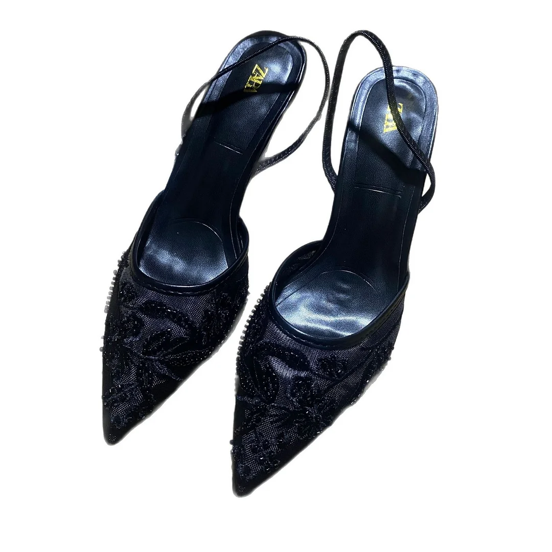 Breakj Breakj Autumn New Stumbling Temperament Fine Heel Shoes Tip Embroidery Bead Mesh Sandals