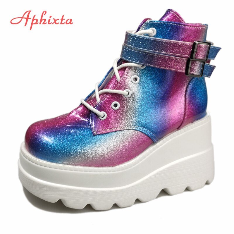 Aphixta Platform Thick Sole Boots Women Shoes Women Height Increasing Ankle Boots Lace-up Women Waterproof Shoes Woman Plus 43