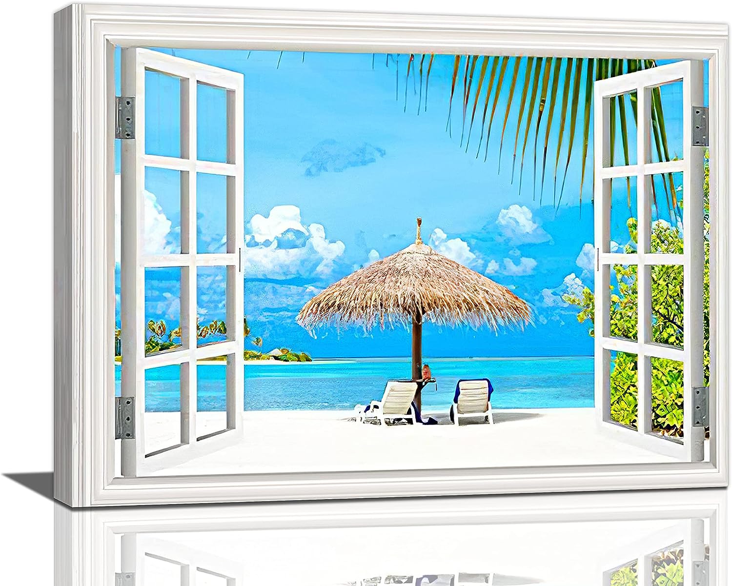 Window Beach Bathroom Wall Art Coastal Palm Tree Pictures Wall Decor Nautical Beach Sence Canvas Painting Print Artwork 3D Window Modern Home Decor Framed for Living room Bedroom Bathroom 12 inch X16 inch  Window Beach3