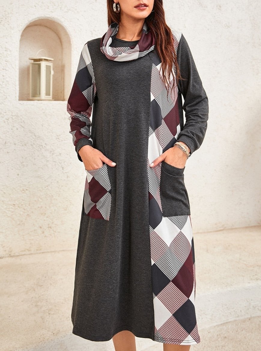 Ladies Plaid Pattern Stitching Neck Scarf Long Sleeve Dress | EGEMISS