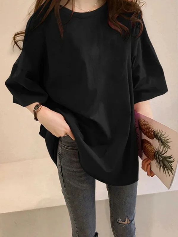Casual Loose Puff Sleeve Round-Neck T-Shirts Tops