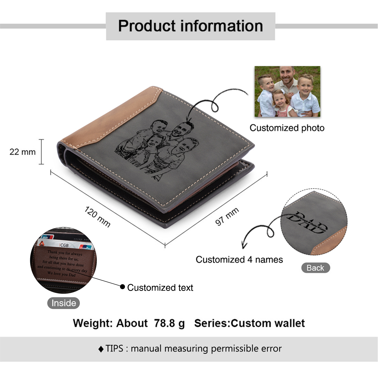 4 Names - Personalised Dad Billfold Wallet Custom Name & Photo & Text Leather Wallet Father's Day Gifts-Jessemade AU