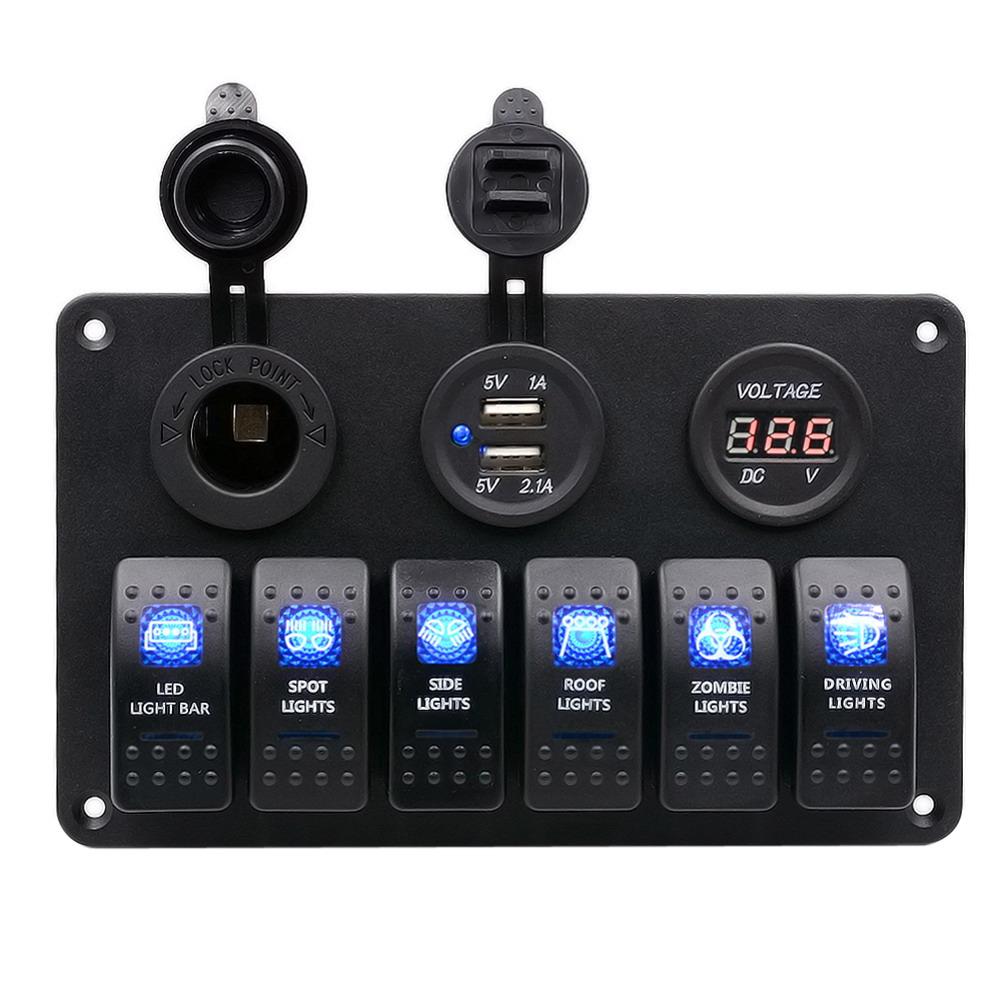 

6 Gang 12V 24V LED Rocker Switch Panel Circuit Breaker Charger, 501 Original