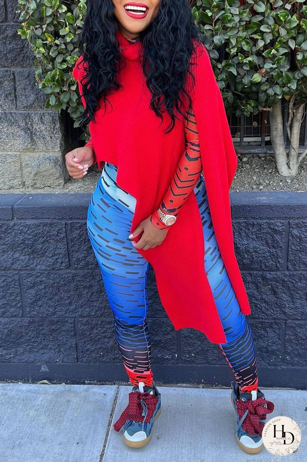 Red Street Solid Patchwork Slit Asymmetrical Turtleneck Tops