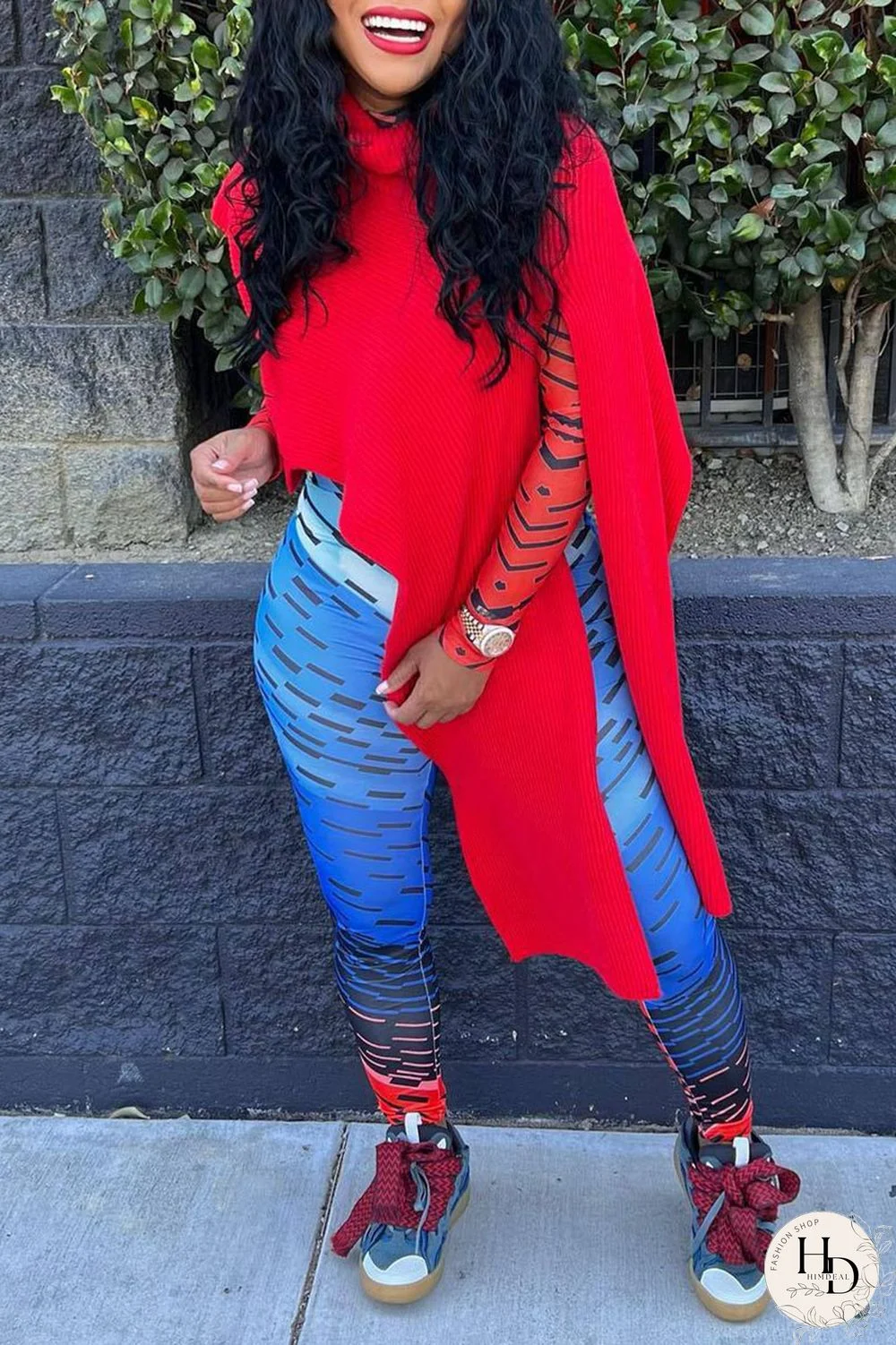 Red Street Solid Patchwork Slit Asymmetrical Turtleneck Tops