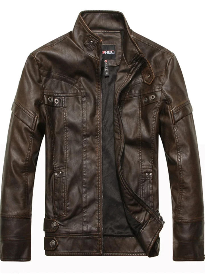 Men's Leather Jacket Fall and Winter PU Leather Jacket Collar Padded Thickened Jacket-JRSEE