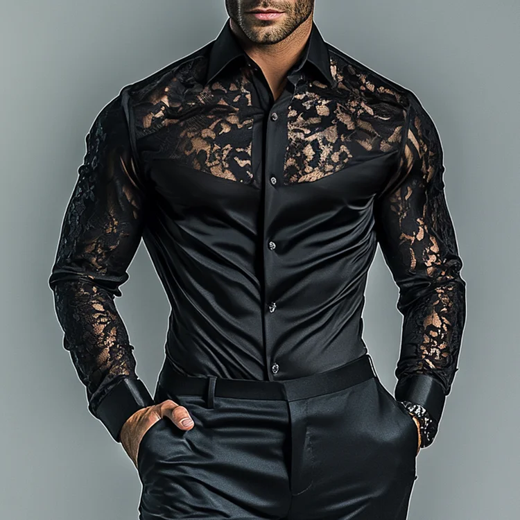 Okaywear Lace Patchwork See-Through Long Sleeve Button Shirt 