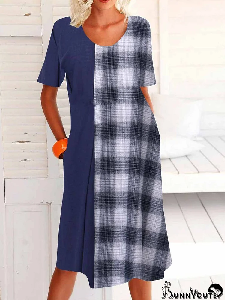 Women Casual Short Sleeve Scoop Neck Plaid Colorblock Midi Dress