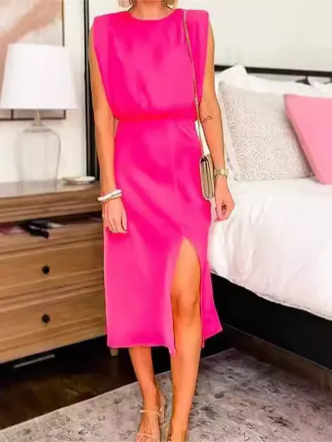 Brownm Brownm Spring And Summer New Round Collar Intellectual Elegant Flounce Cross Solid Color Dress D2401