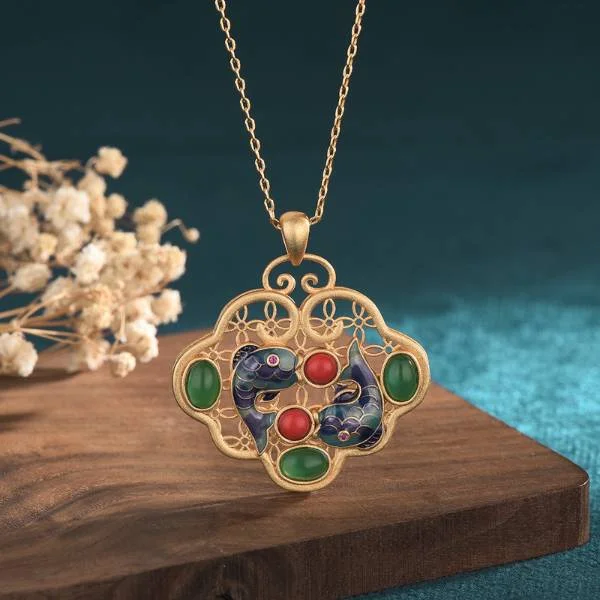 Natural Jade Enameled Carp Fortune Pendant Necklace