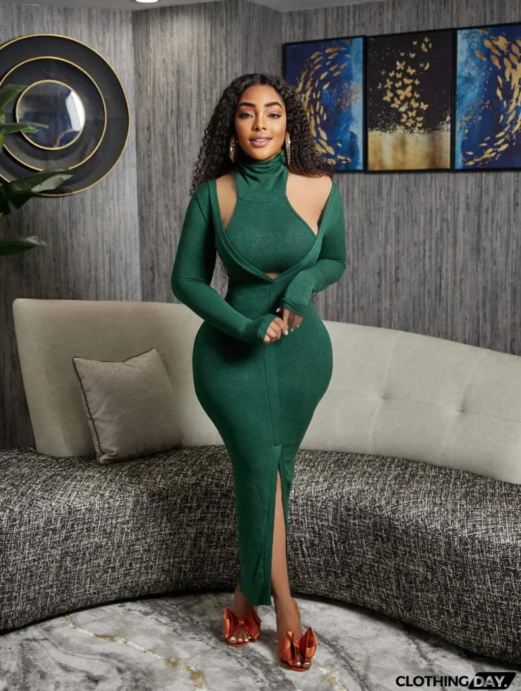 Women Ribbed Solid Long Sleeve Crop Top and Dress Two Piece