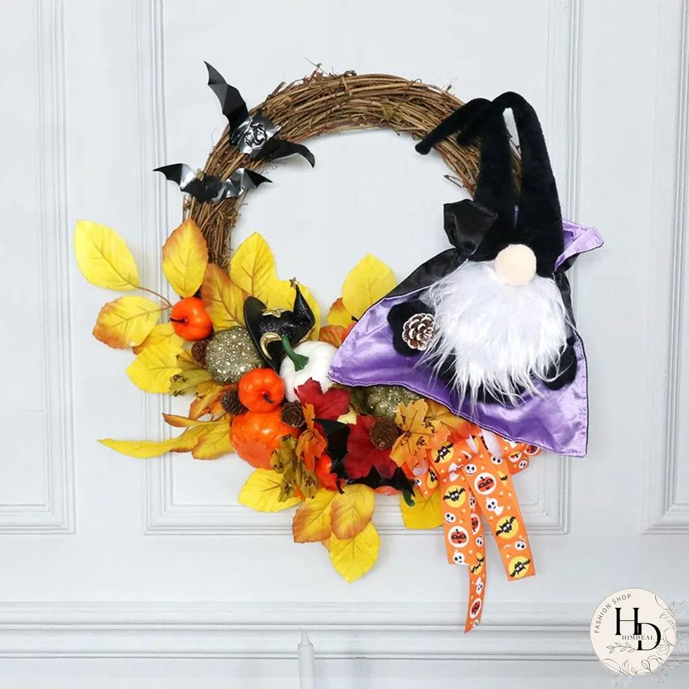 Halloween Themed Wreath With Wizard Gnome For Holiday Decoration