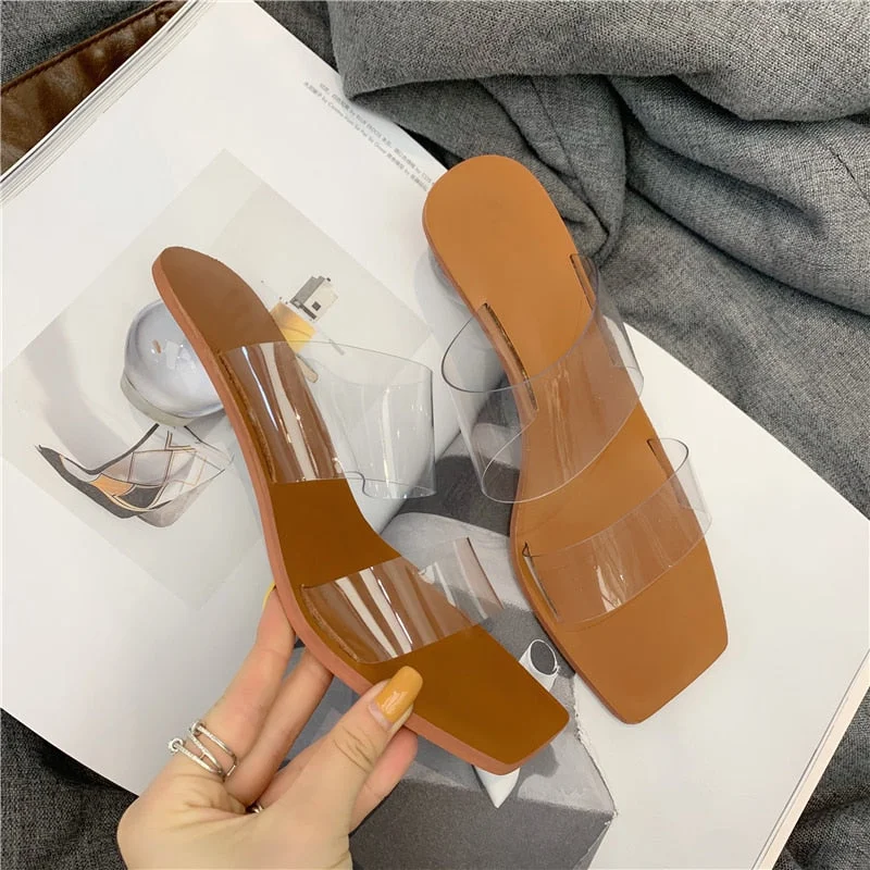 Eilyken Summer Clear PVC Square Toe Ladies Shoes Transparent Crystal Round Ball Heel Slippers Women Leopard Grain Jelly Sandals