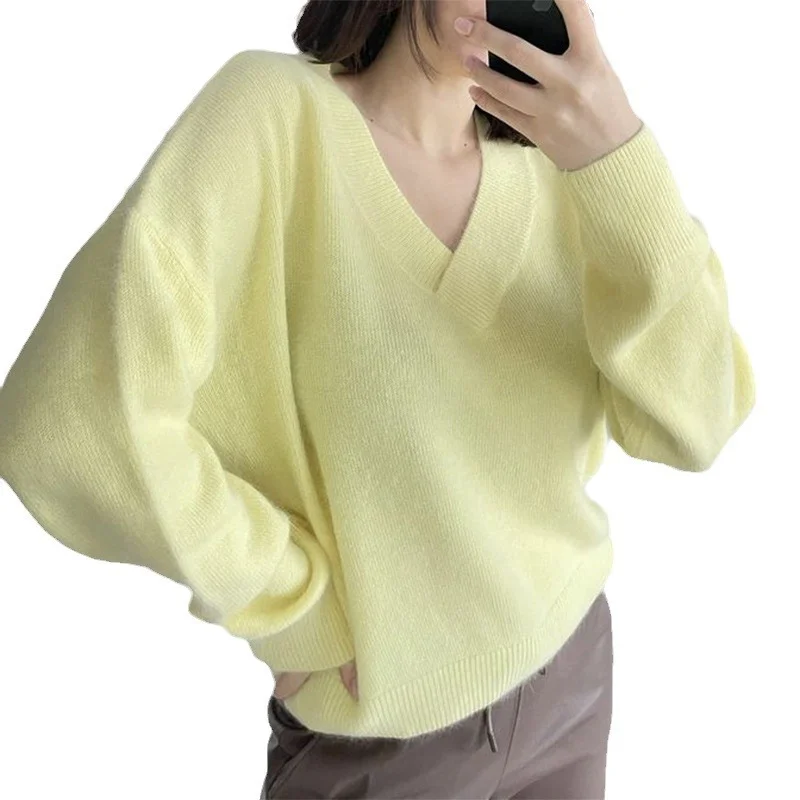 Athvotar Athvotar Autumn And Winter Ultra-Soft V-Neck Imitation Marinish Sweater Female Lazy Style Loose Knitted Sweater