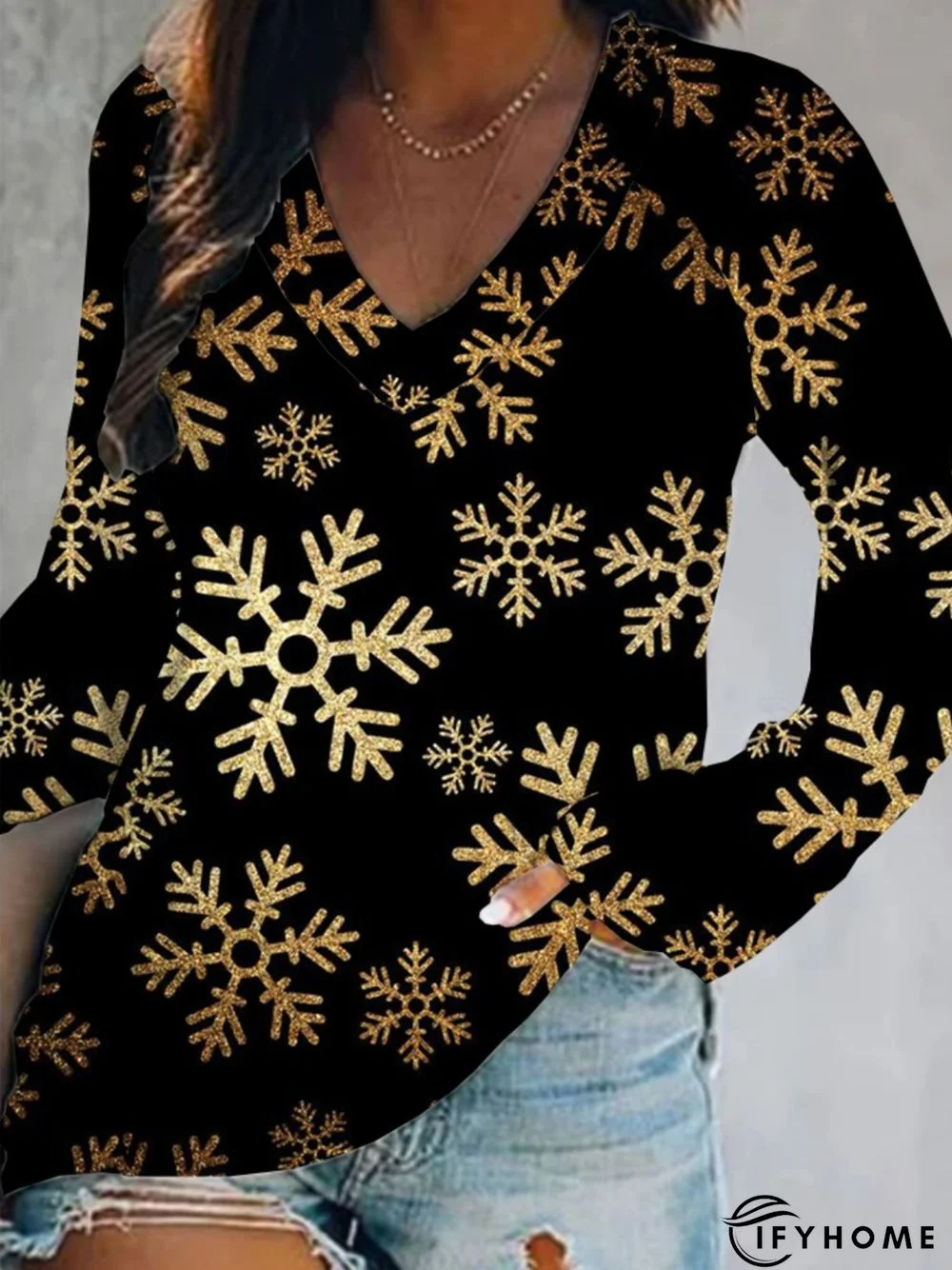 Christmas Xmas Long Sleeve V Neck Plus Size Printed Top Tunic T-Shirt | IFYHOME