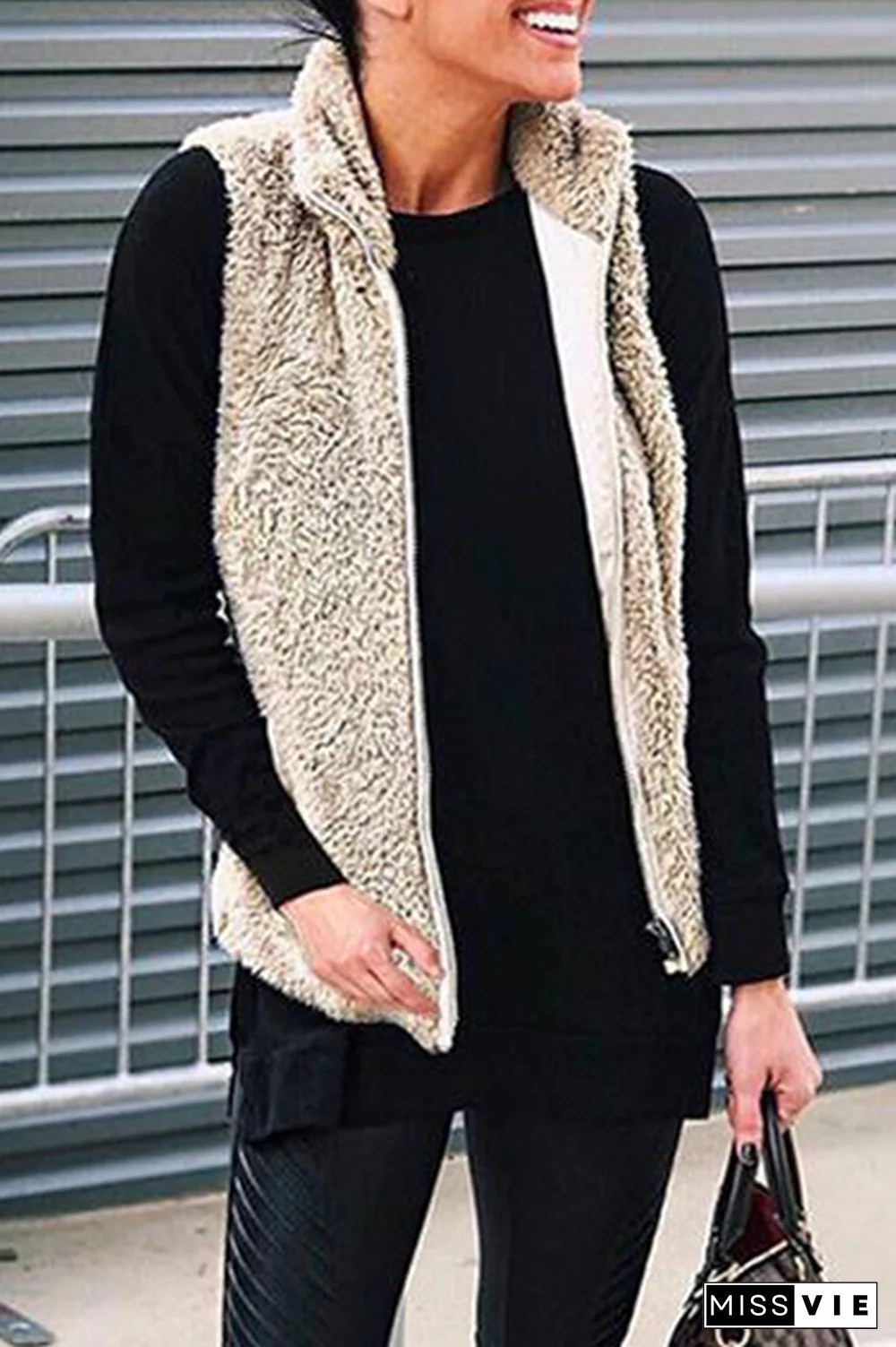 Fashion Solid Pocket Zipper Mandarin Collar Tops