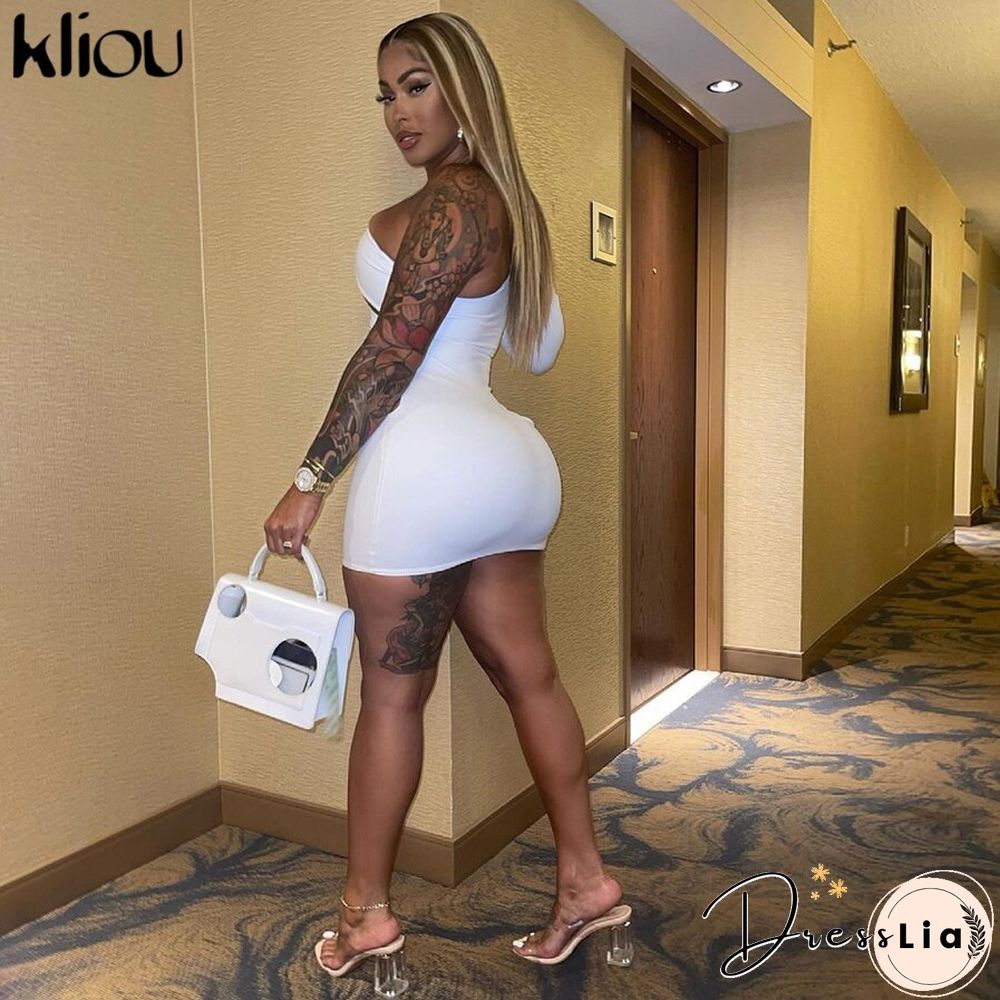 Kliou Sexy Charming Mini Dress Women Sheath Cut Off Hollow Out Cleavage Single Side Long Sleeve Diagonal Collar Party Clubwear