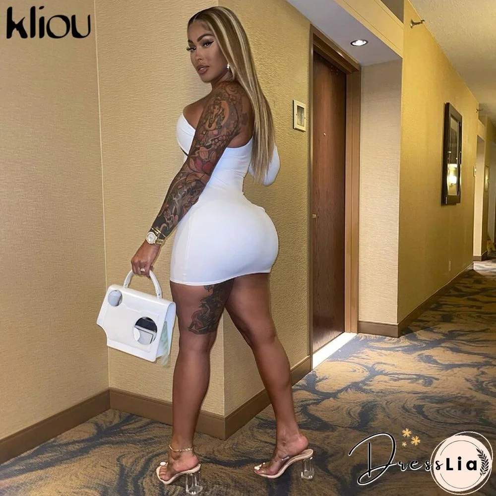 Kliou Sexy Charming Mini Dress Women Sheath Cut Off Hollow Out Cleavage Single Side Long Sleeve Diagonal Collar Party Clubwear