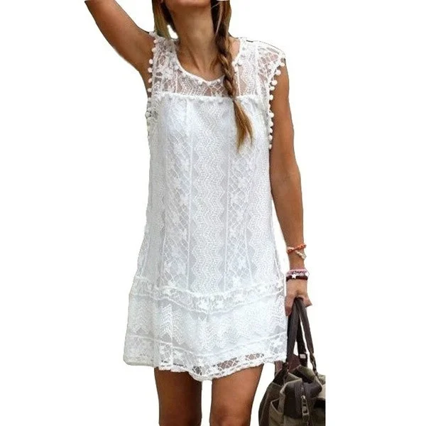 Fashion Summer Dress Sexy Women Casual Sleeveless Beach Short Dress Tassel Solid White Mini Lace Dress Plus Size